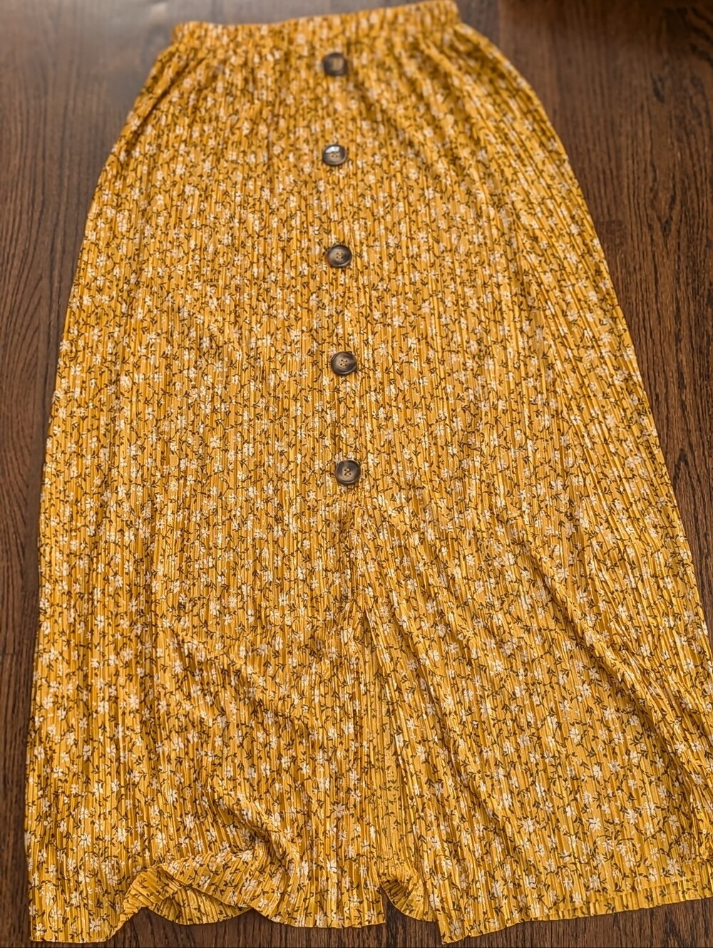 Mustard Floral Button-Front Pleated Midi Skirt